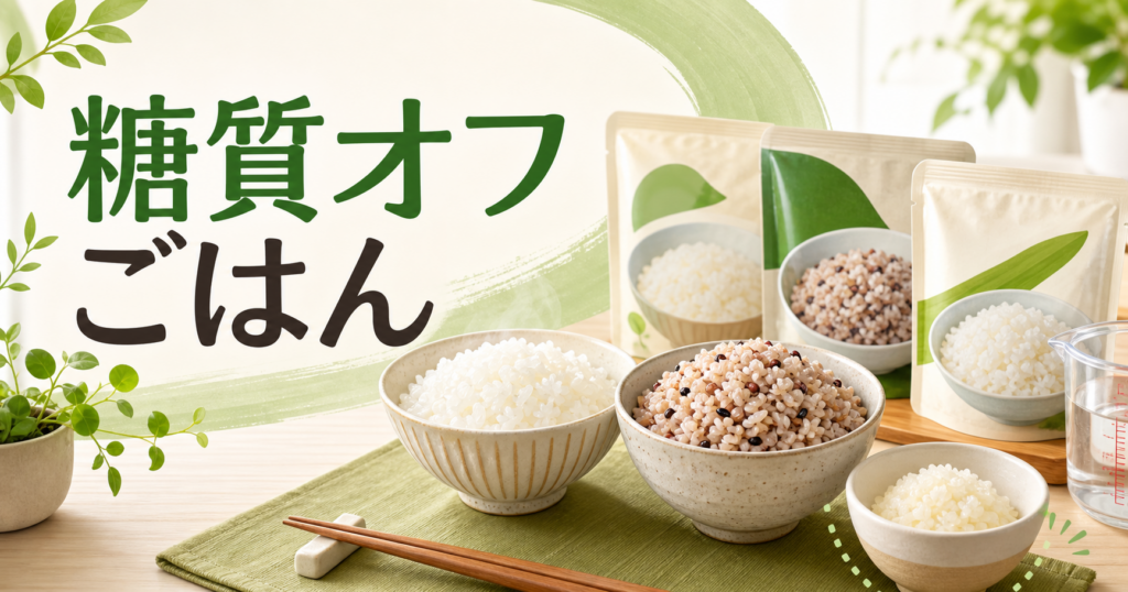 糖質オフごはんの比較を表すごはん茶碗とレトルトパックのイラスト