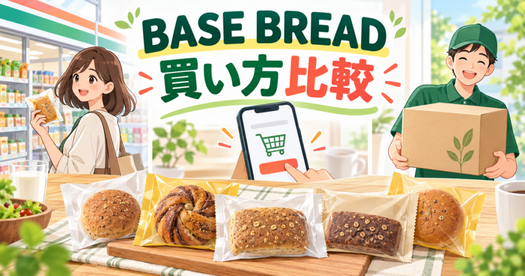 BASE BREADの購入先をコンビニ・公式通販・Amazonで比較したイラスト