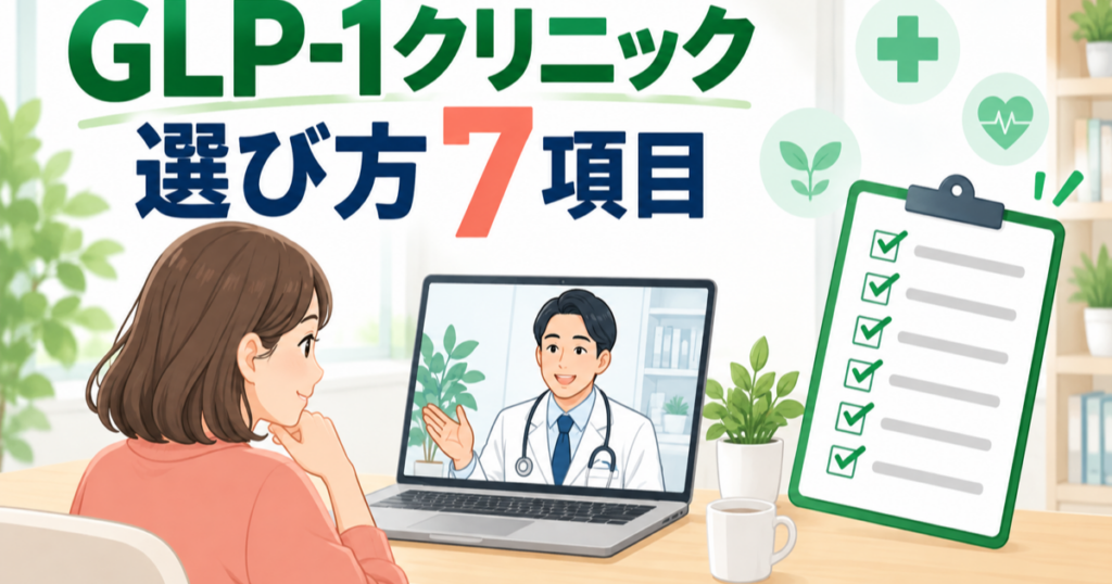 GLP-1クリニックの選び方7項目を示すオンライン診療とチェックリストのイラスト