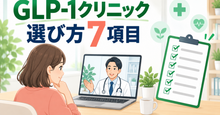 GLP-1クリニックの選び方7項目を示すオンライン診療とチェックリストのイラスト