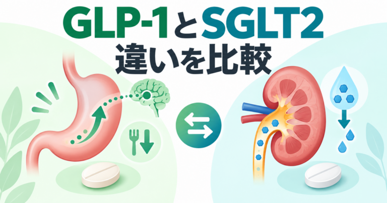 GLP-1受容体作動薬とSGLT2阻害薬の違いを示す胃と腎臓の比較イラスト