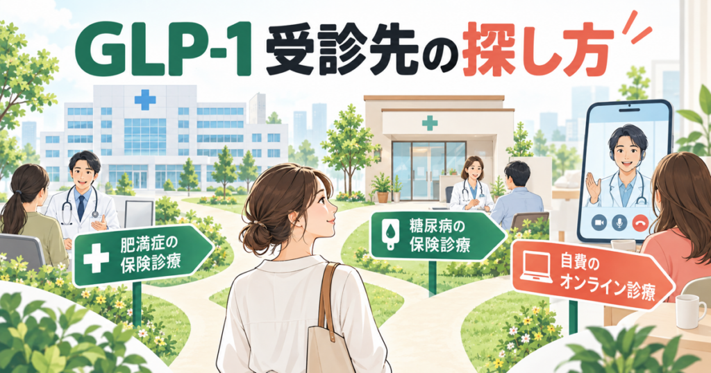 GLP-1の処方先を保険診療・自由診療・オンライン診療の3ルートで比較した図