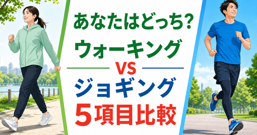 ウォーキングとジョギングの向き不向きを5項目で比較する記事のアイキャッチ