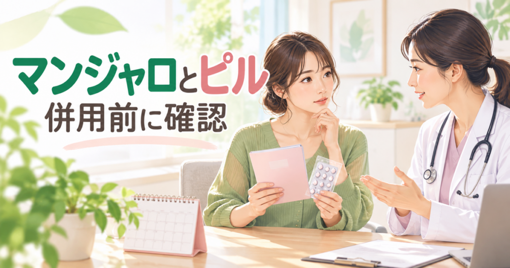 ピルの薬袋と投与日メモを持って医師に併用を相談するイラスト