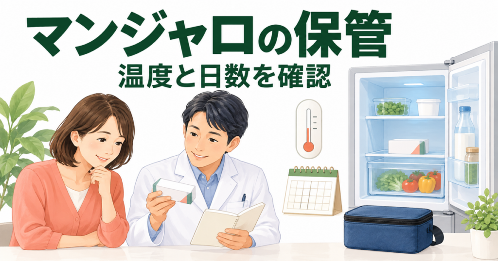 マンジャロの保管温度と日数を薬剤師に確認する患者と、外箱入りの薬を置いた冷蔵庫のイラスト