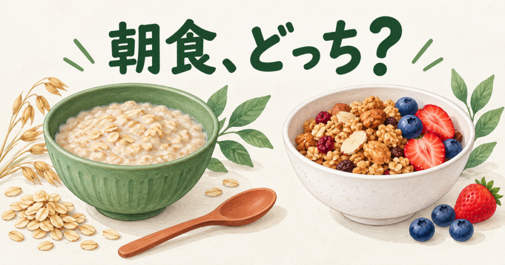 オートミールとグラノーラの朝食を比較するイラスト