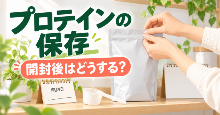 粉末プロテインの袋を閉め、乾いたスプーンと開封日メモで保存を管理するイラスト
