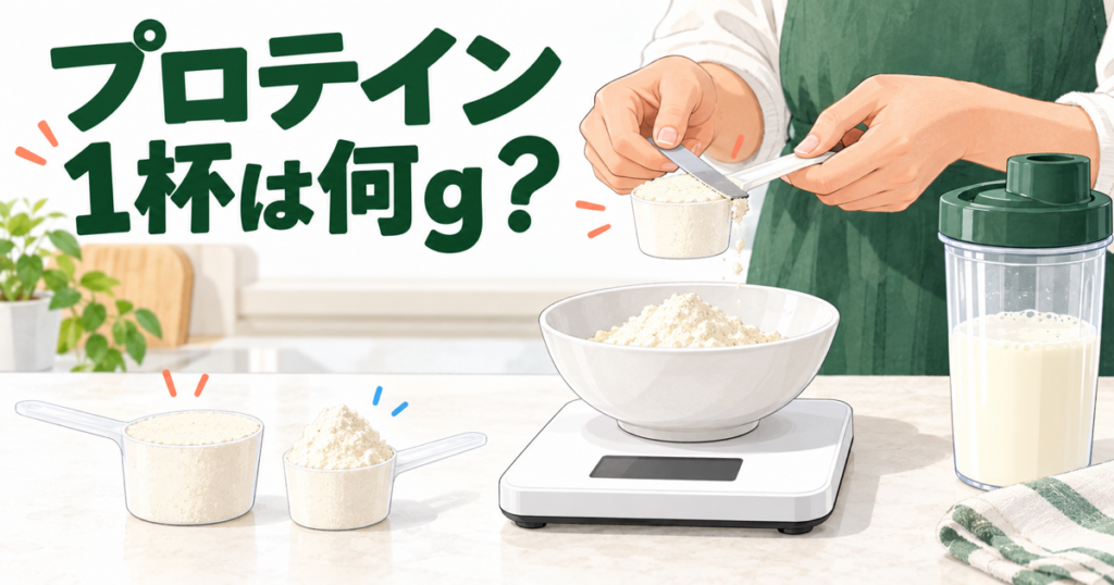 プロテイン粉末を量るスケールと、すりきり・山盛りのスプーンのイラスト