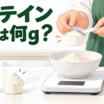 プロテイン粉末を量るスケールと、すりきり・山盛りのスプーンのイラスト