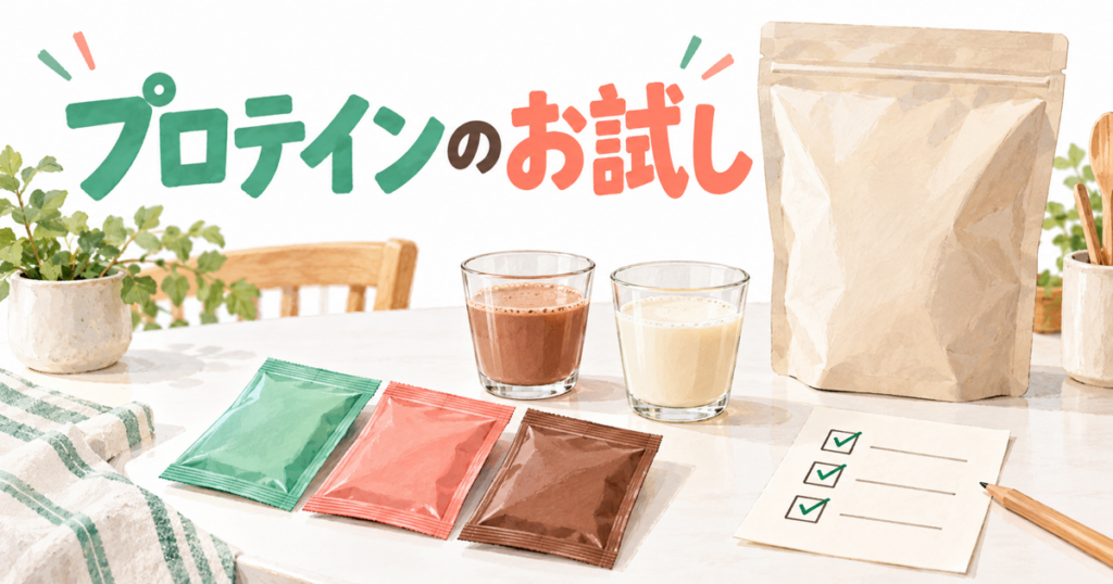 プロテインの小袋と試飲グラス、通常袋を比べるイラスト