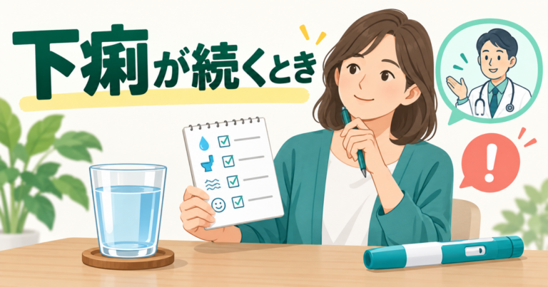 ウゴービ使用中の下痢と脱水の確認点、医療機関へ相談する目安を示すイラスト