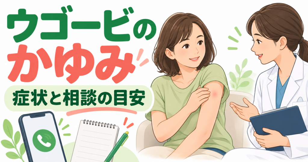 ウゴービ使用中のかゆみや皮膚の赤みを医師へ相談するイラスト