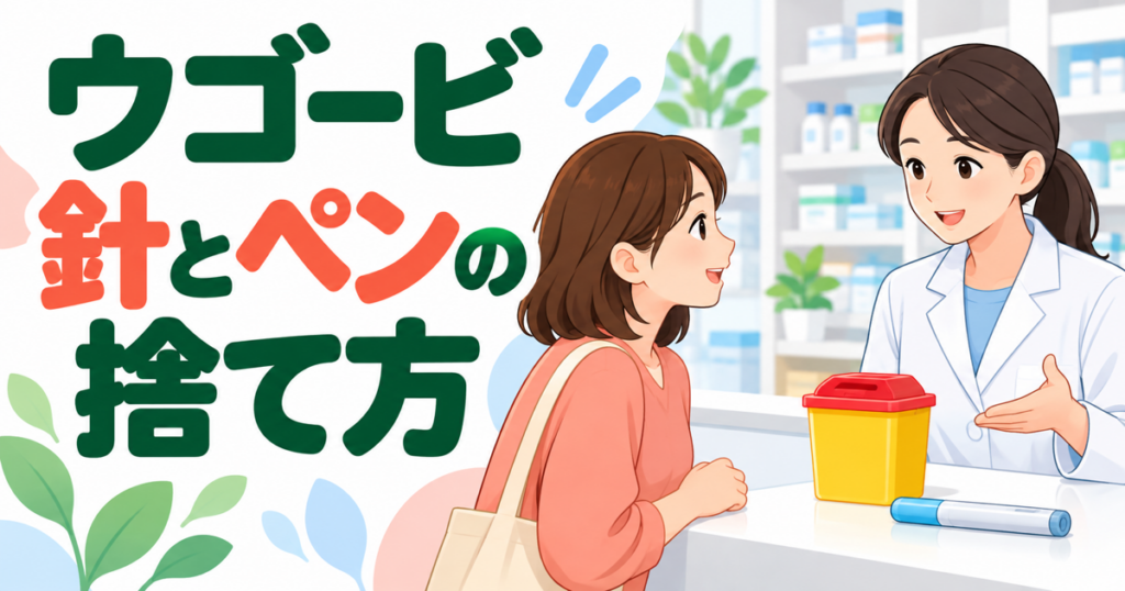 ウゴービの使用済み器具について薬局で回収方法を確認するイラスト