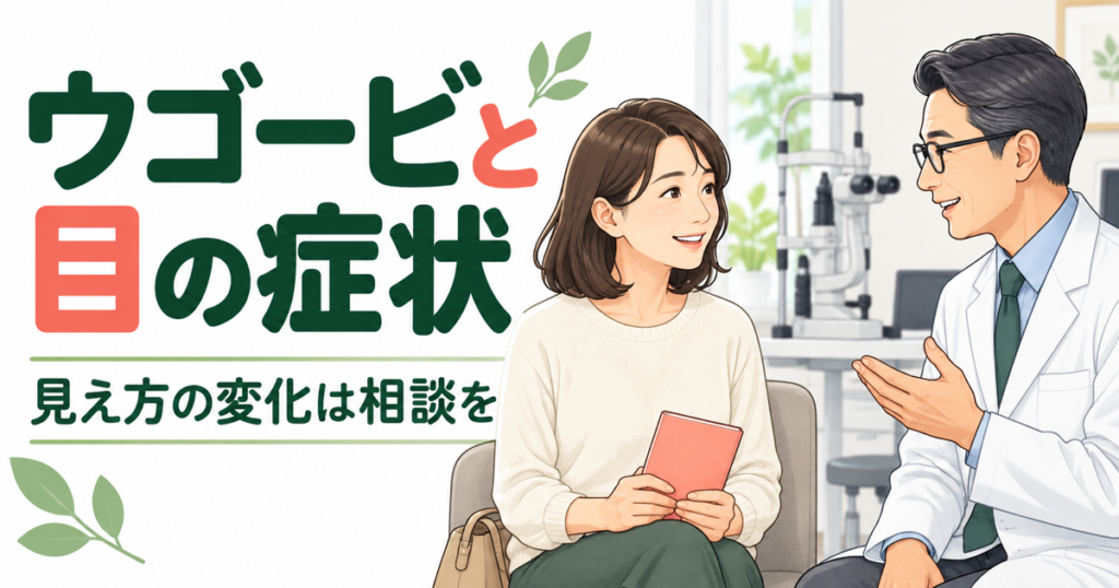 ウゴービ使用中の見え方の変化について、患者がお薬手帳を持って眼科医に相談するイラスト