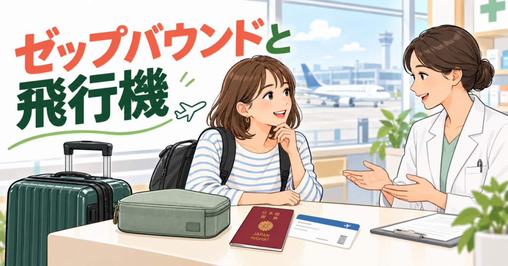 飛行機への処方薬の持込みについて薬剤師へ相談する旅行者のイラスト